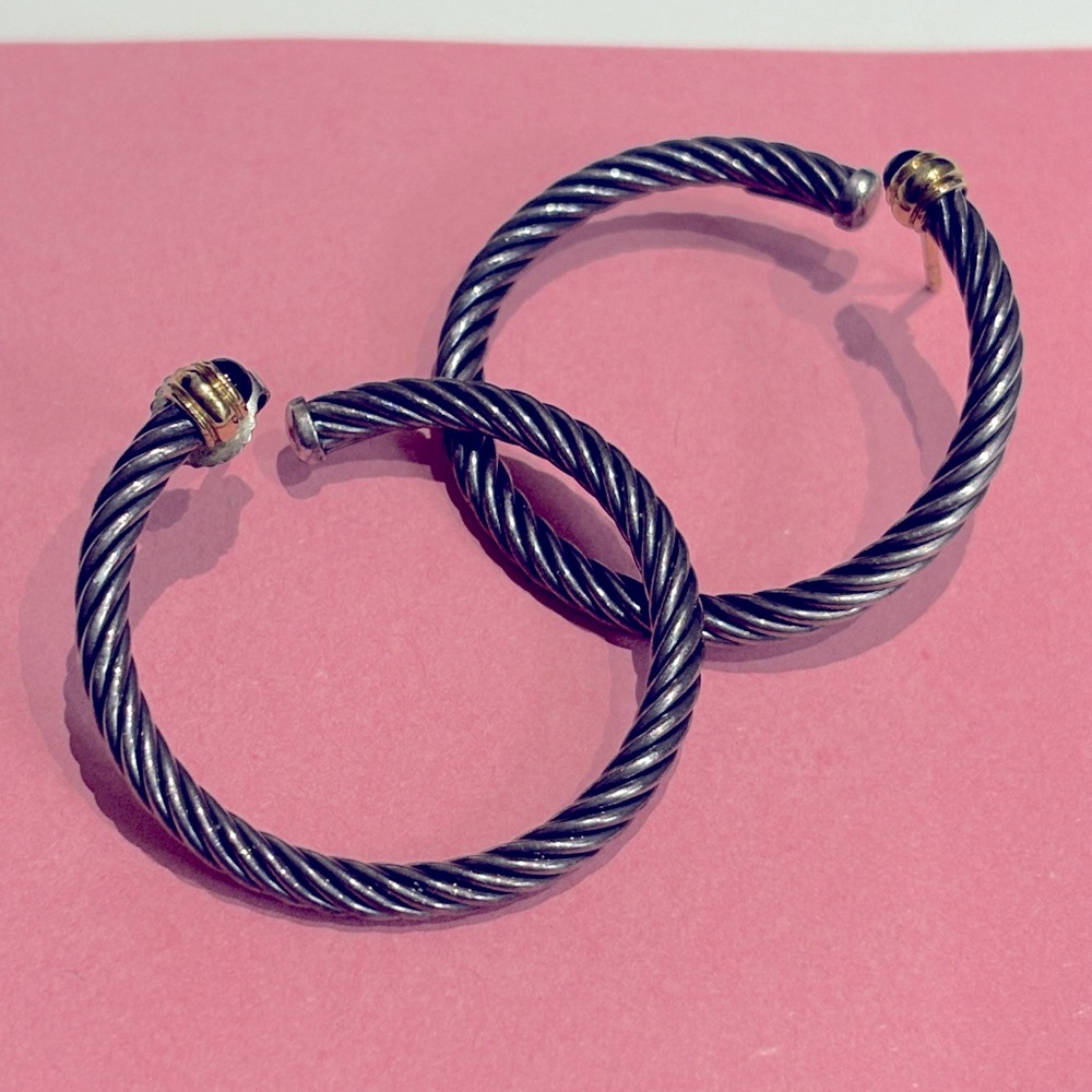 David Yurman Sterling Silver Yellow Gold Classic Cable Onyx Hoop Earrings